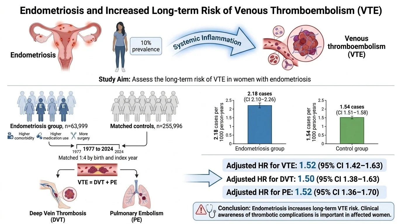 Chart showing the relationship between endometriosis and increased long-term risk of venous thromboembolism (VTE). It features diagrams of female reproductive organs, a woman, and graphs comparing cases in women with endometriosis and controls, highl