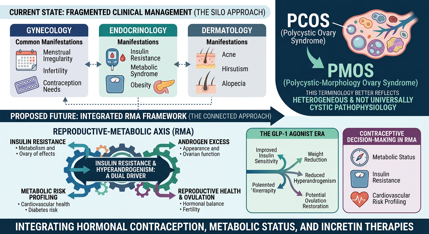 A detailed infographic illustrating current fragmented clinical management of conditions like PCOS across gynecology, endocrinology, and dermatology, and proposing an integrated reproductive-metabolic axis approach focusing on insulin resistance, and