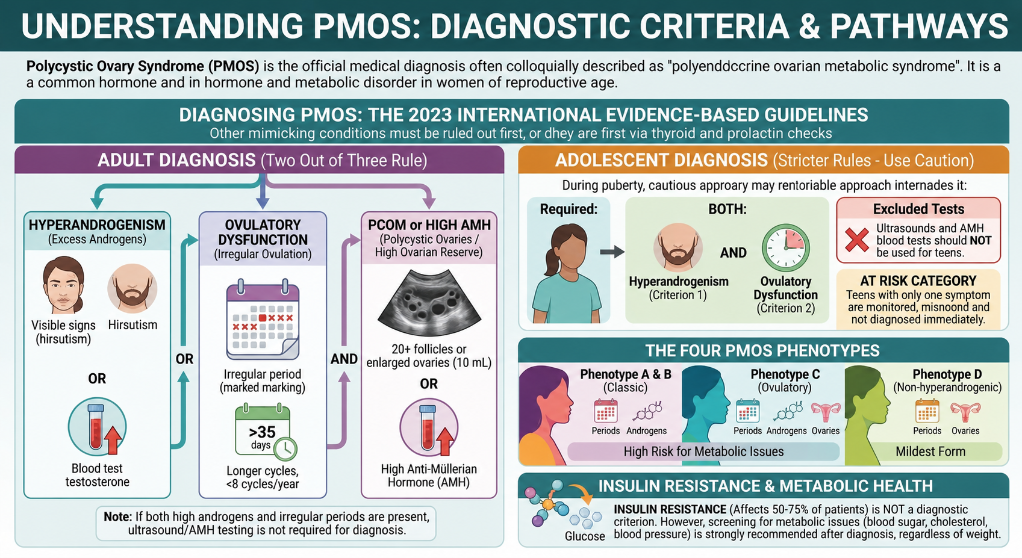 An infographic explaining the diagnostic criteria and pathways for Polycystic Ovary Syndrome (PCOS). It covers adult diagnosis with two out of three criteria - hyperandrogenism, ovulatory dysfunction, and PCOM or high AMH, and adolescent diagnosis wi