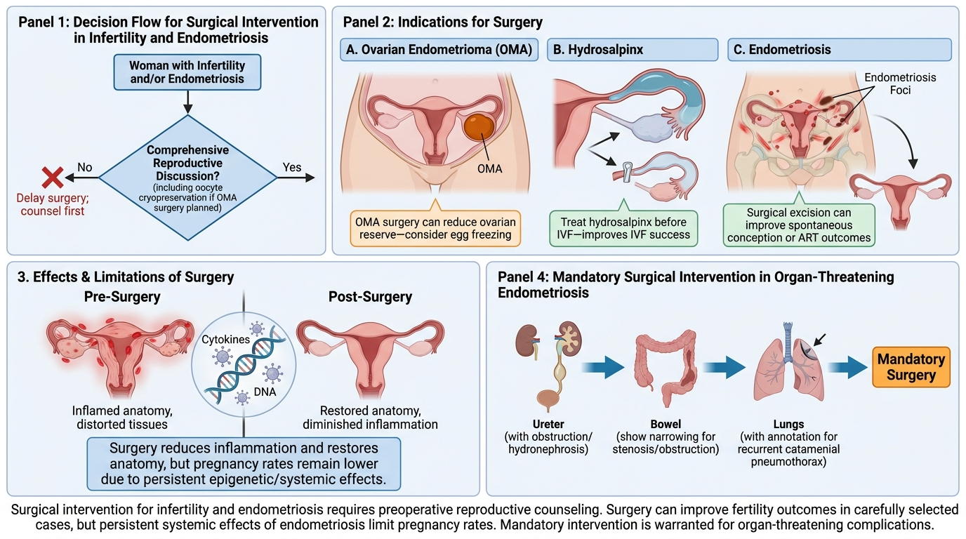 A medical infographic explaining surgical decision-making for infertility and endometriosis. Panel 1 shows a decision flowchart for surgery consideration. Panel 2 lists indications for surgery: Ovarian Endometrioma, Hydroasalpinx, and Endometriosis. 
