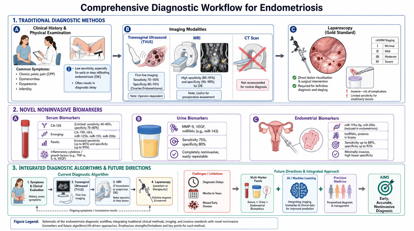 Diagram of comprehensive diagnostic workflow for endometriosis, including traditional methods like clinical history, physical exam, imaging modalities (TVUS, MRI, CT scan), direct visualization via laparoscopy, noninvasive biomarkers (serum, urine, e