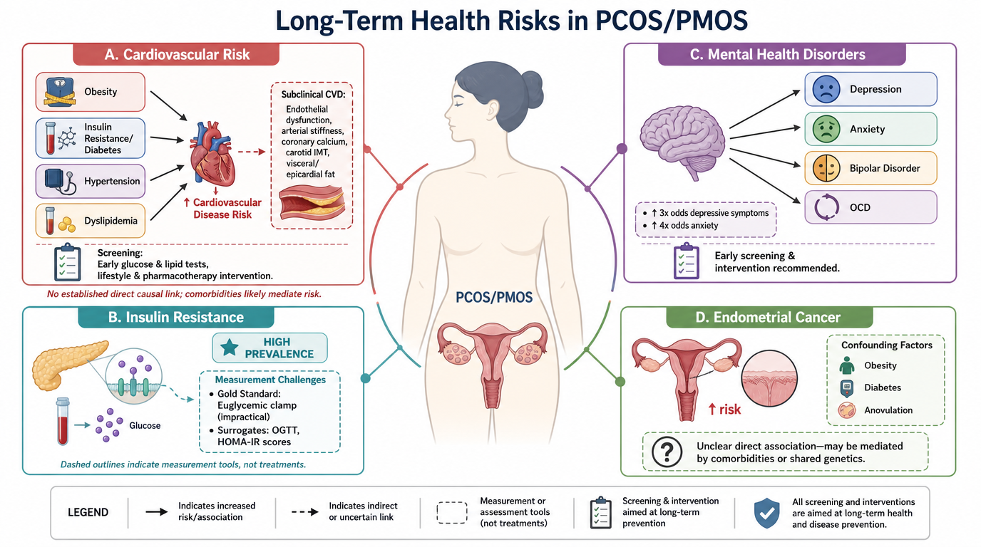 Diagram titled 'Long-Term Health Risks in PCOS/PMOS' showing four sections on cardiovascular risk, insulin resistance, mental health disorders, and endometrial cancer. Each section lists risk factors, screening methods, and notes on associations, wit