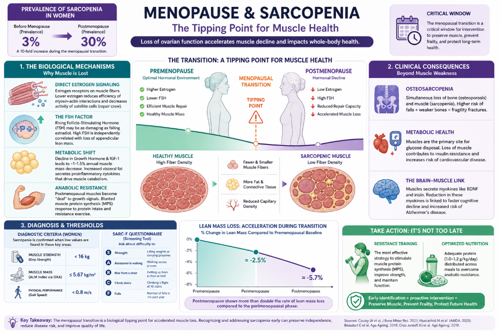 Infographic about menopause and sarcopenia, discussing biological mechanisms, clinical consequences, diagnosis, and actions for muscle health during aging. Includes charts, icons, and summary points.