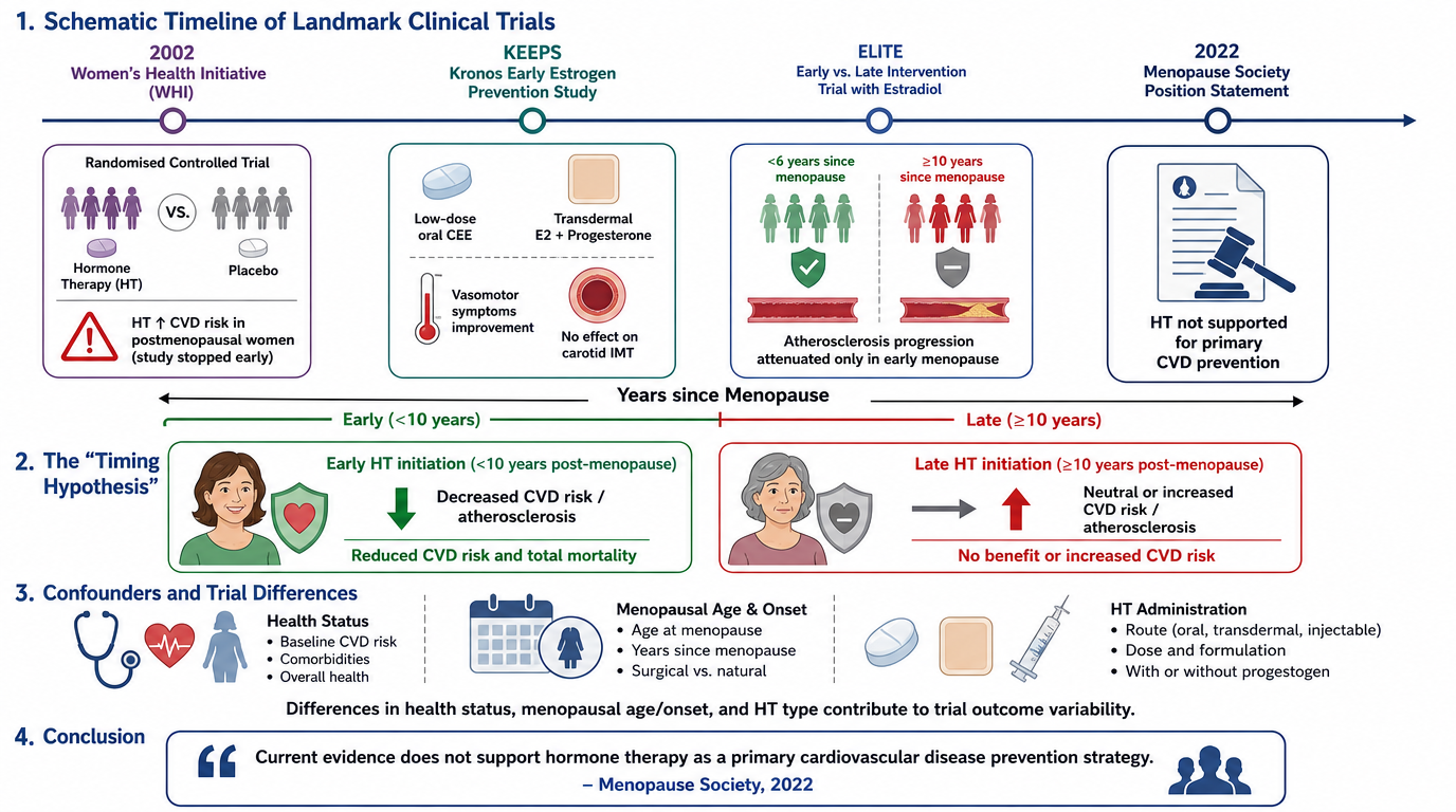 A schematic timeline of landmark clinical trials related to menopause and cardiovascular disease risk, including key studies from 2002 to 2022, illustrating early versus late hormone therapy initiation, trial differences, and current guidelines indic