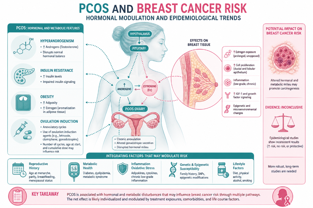 Diagram showing the relationship between PCOS, hormonal features, and breast cancer risk. It illustrates the hormonal regulation involving hypothalamus and pituitary, and their effects on estrogen, androgens, and PCOS ovaries. The diagram highlights 