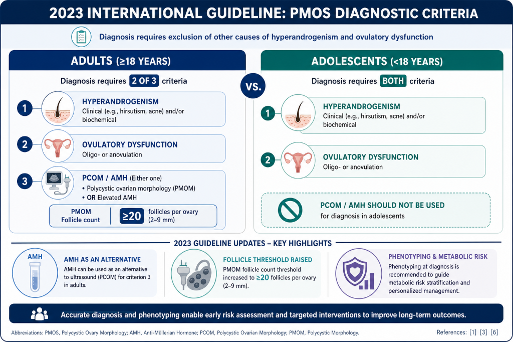A chart showing 2023 international guidelines for diagnosing PCOS in adults and adolescents. Adults need 2 of 3 criteria: hyperandrogenism, ovulatory dysfunction, and polycystic ovary morphology. Adolescents need both hyperandrogenism and ovulatory d
