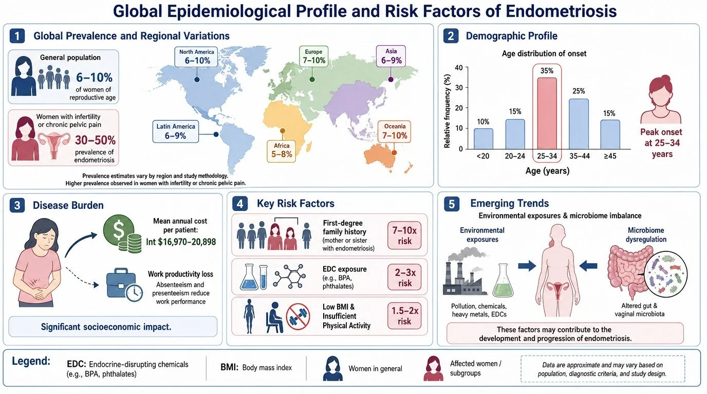 Infographic titled 'Global Epidemiological Profile and Risk Factors of Endometriosis' with sections on prevalence by region, demographic age distribution, disease burden, key risk factors, and emerging trends. Includes maps, graphs, icons, and text.