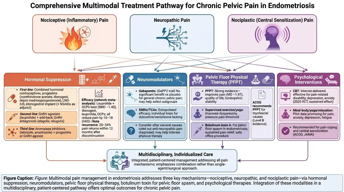Diagram illustrating a comprehensive multidisciplinary treatment pathway for chronic pelvic pain in endometriosis, including hormonal suppression, neuromodulators, pelvic floor physical therapy, and psychological interventions.