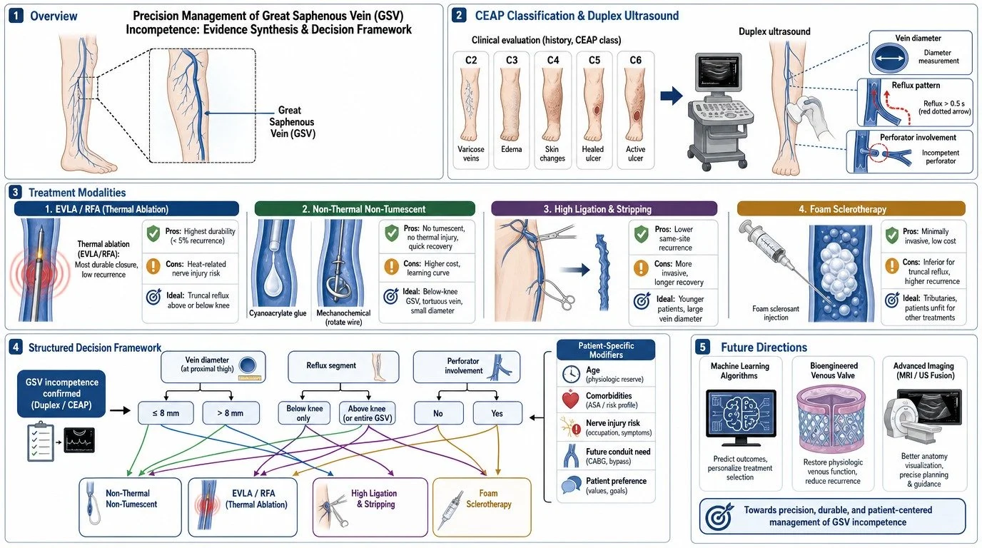 A detailed infographic explaining the process of managing great saphenous vein (GSV) incompetence, including sections on diagnosis, treatment options, decision framework, and future directions.