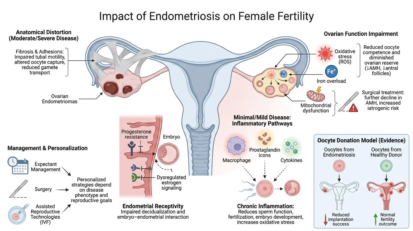 Diagram titled 'Impact of Endometriosis on Female Fertility' showing how endometriosis affects various aspects of female reproductive health, including anatomical distortion, ovarian function impairment, inflammatory pathways, and endometrial recepti