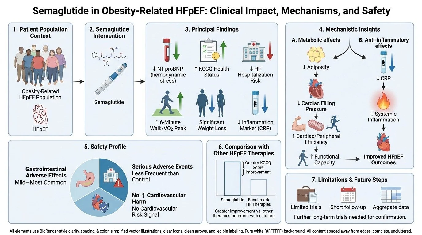 A comprehensive infographic titled 'Semaglutide in Obesity-Related HFpEF: Clinical Impact, Mechanisms, and Safety'. It details six sections: 1. Patient Population Context showing diverse obese individuals; 2. Semaglutide Intervention with a stylized 
