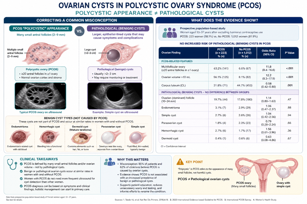 Infographic about ovarian cysts in polycystic ovary syndrome (PCOS), showing differences between PCOS 'polycystic' appearance and pathogenic cysts, ultrasound images, and statistics on features and risk factors.