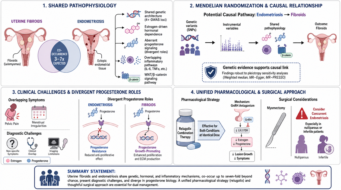 Infographic summarizing the shared pathophysiology, genetic basis, clinical challenges, pharmacological and surgical approaches to uterine fibroids and endometriosis, highlighting genetic links, diagnostic challenges, treatment strategies, and import