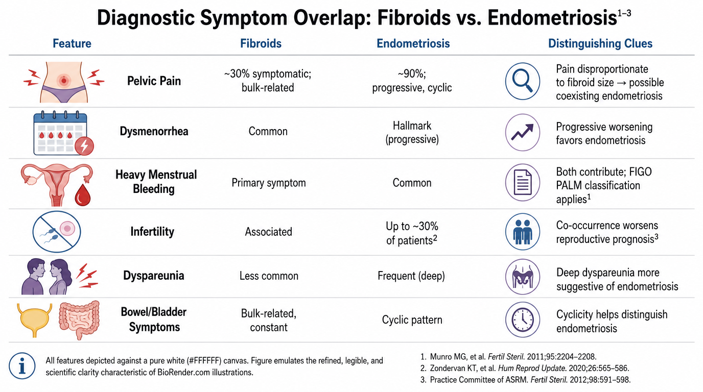 Table comparing diagnostic symptom overlap between fibroids and endometriosis, listing features such as pelvic pain, dysmenorrhea, heavy menstrual bleeding, infertility, dyspareunia, and bowel/bladder symptoms, with respective characteristic features