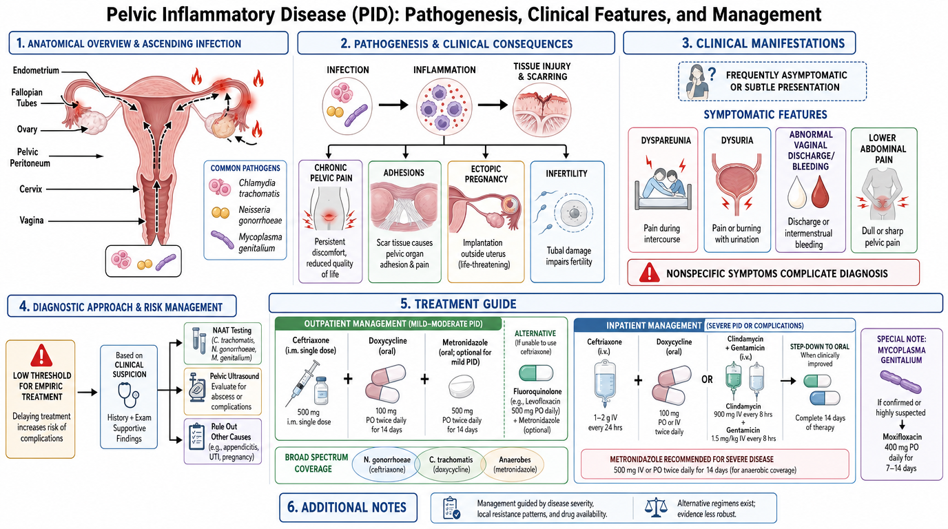 An infographic titled "Pelvic Inflammatory Disease (PID): Pathogenesis, Clinical Features, and Management". It is divided into six sections: 1) Anatomical overview with illustrations of female reproductive organs; 2) Pathogenesis and clinical consequ