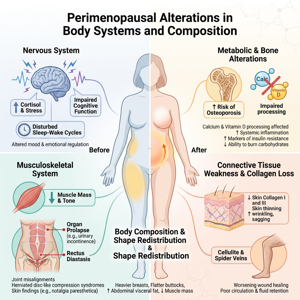 Diagram showing perimenopausal changes in various body systems, including the nervous system, musculoskeletal system, metabolic and bone alterations, and connective tissue weakness and collagen loss, with before and after comparisons.