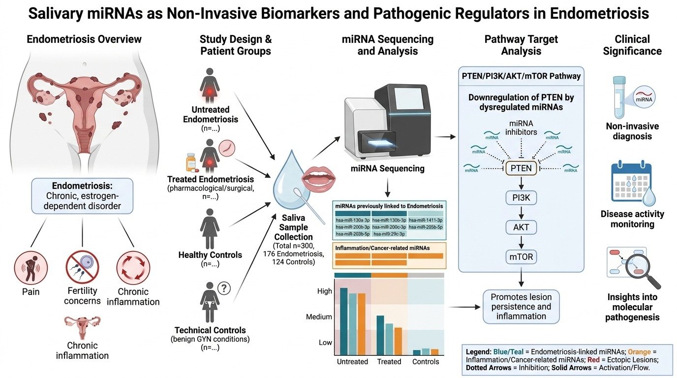 Diagram showing research on salivary miRNAs as biomarkers for endometriosis. It includes sections on endometriosis overview, study design with patient groups (untreated, treated, healthy controls), miRNA sequencing and analysis, pathway target analys