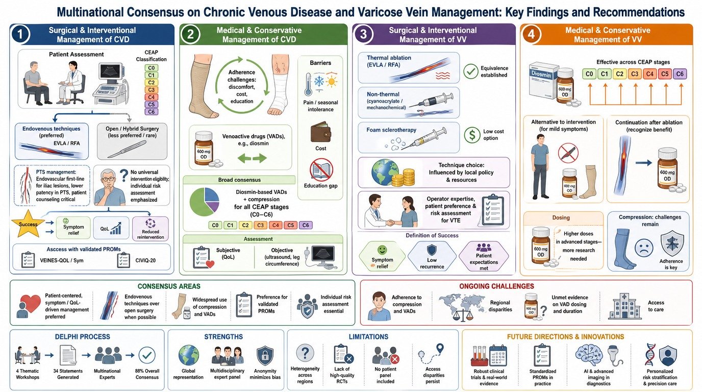 A detailed infographic summarizing key findings and recommendations on the multilateral consensus regarding chronic venous disease (CVD) and varicose vein (VV) management. It is divided into sections for surgical, conservative, and medical management