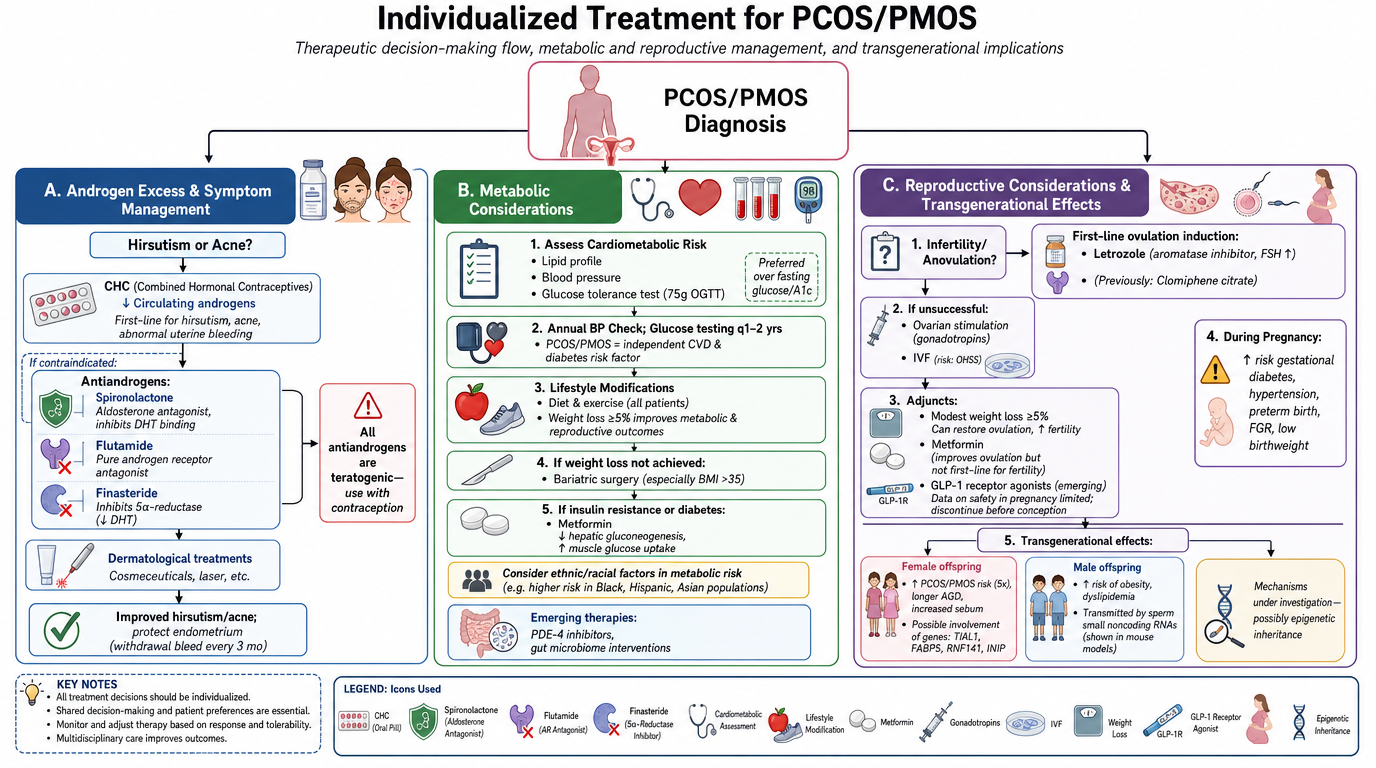Flowchart titled 'Individualized Treatment for PCOS/PMOS' with sections covering diagnosis, metabolic considerations, reproductive considerations and transgenerational effects. Contains icons, checklists, and notes on treatments including hormonal ma