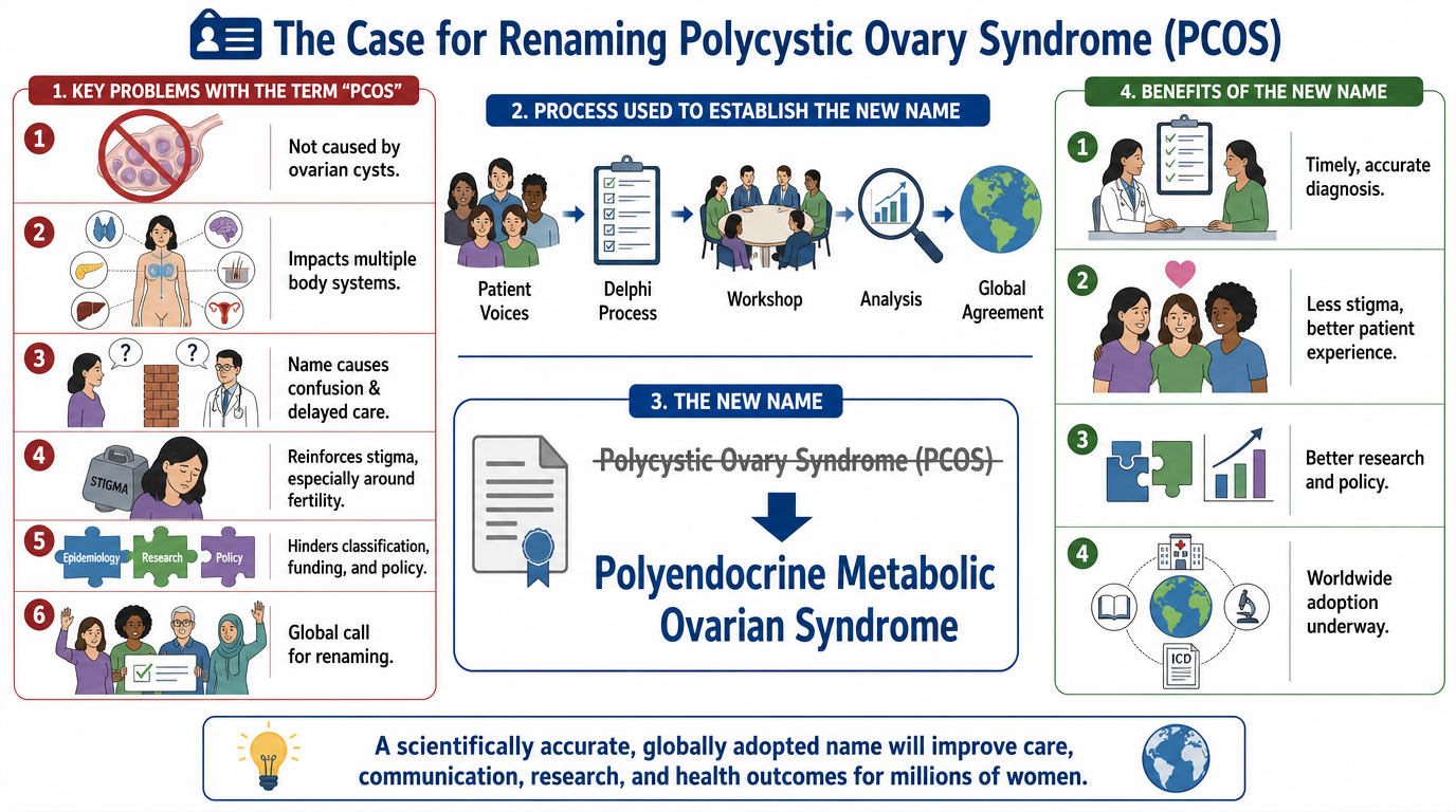 An infographic titled "The Case for Renaming Polycystic Ovary Syndrome (PCOS)." It discusses problems with the term PCOS, the process used for the name change, the proposed new name "Polyendocrine Metabolic Ovarian Syndrome," and the benefits of the 