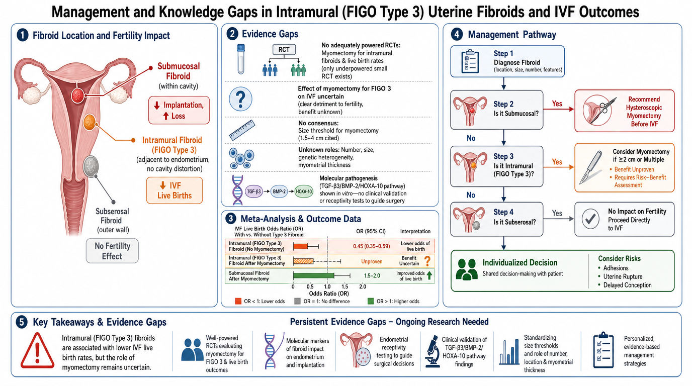 A detailed infographic titled 'Management and Knowledge Gaps in Intramural (FIGO Type 3) Uterine Fibroids and IVF Outcomes' divided into five sections explaining fibroid location, evidence gaps, meta-analysis data, management pathway, and key researc