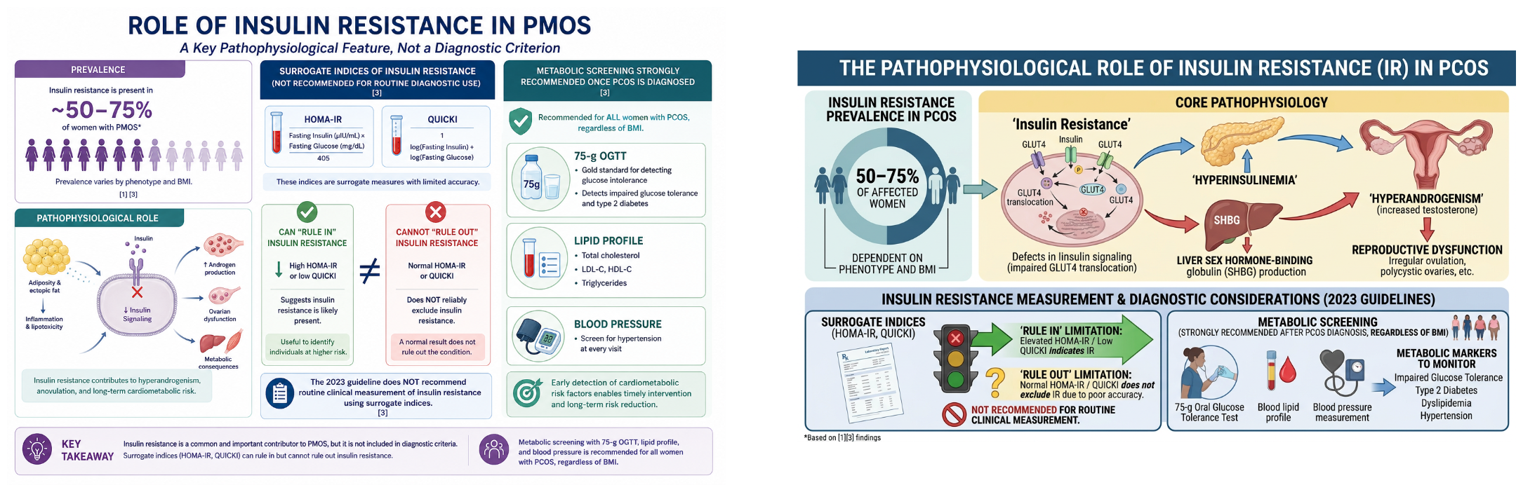 Educational infographic on the role of insulin resistance in PCOS, showing prevalence, surrogate indices, pathophysiological role, and diagnostic guidelines.