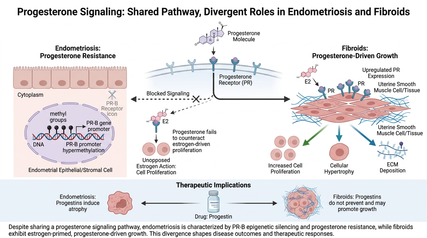 Diagram illustrating progesterone signaling pathways: shared pathway in endometriosis and fibroids, highlighting divergent roles. Endometriosis shown with progesterone resistance, and fibroids with progesterone-driven growth, including therapeutic im