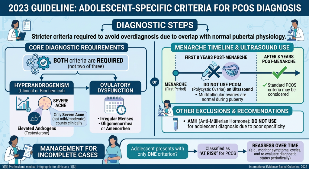 2023 guideline infographic for adolescent-specific criteria for PCOS diagnosis, detailing diagnostic steps, core requirements, times and ultrasound use, exclusions, and management for incomplete cases.