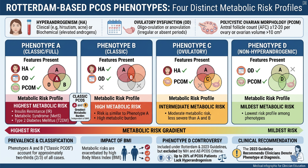 Diagram showing four distinct metabolic risk profiles for PCOS based on Rotterdam criteria: Phenotype A (classic/full), Phenotype B (classic), Phenotype C (ovulatory), and Phenotype D (non-hyperandrogenic). Each profile presents features, metabolic r