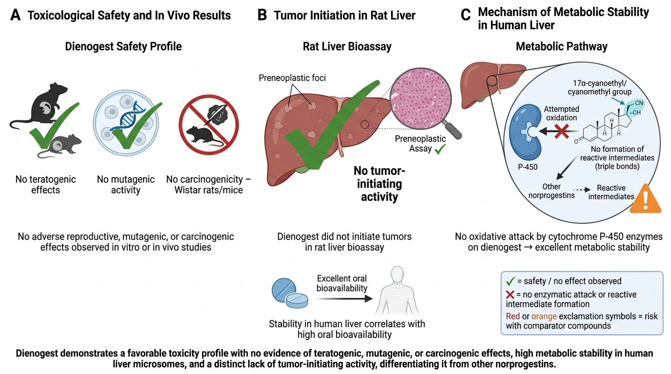 A scientific infographic with three sections labeled A, B, and C. Section A highlights toxicological safety and in vivo results, showing that deniogest has no teratogenic, mutagenic, or carcinogenic effects in mice and rats. Section B indicates that 