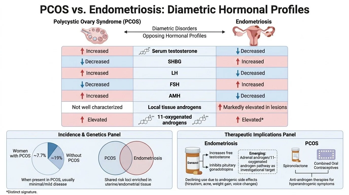 A comparative chart showing different diametric hormonal profiles of PCOS and endometriosis. It lists hormone levels such as testosterone, SHBG, LH, FSH, AMH, and local tissue androgens, with arrows indicating increased or decreased levels for each c
