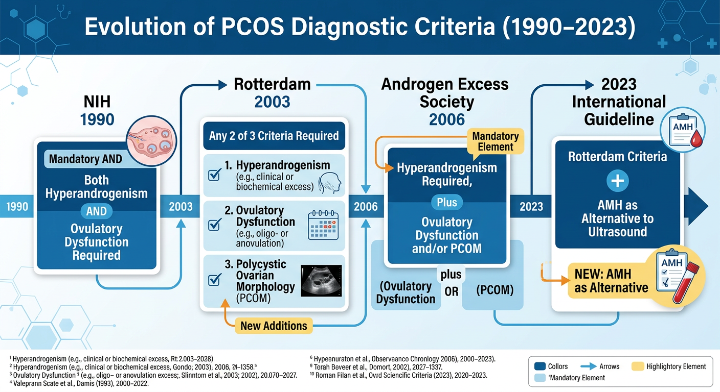 A timeline infographic showing the evolution of PCOS diagnostic criteria from 1990 to 2023, including key milestones like NIH 1990, Rotterdam 2003, Androgen Excess Society 2006, and 2023 International Guideline, with descriptions of criteria requirem