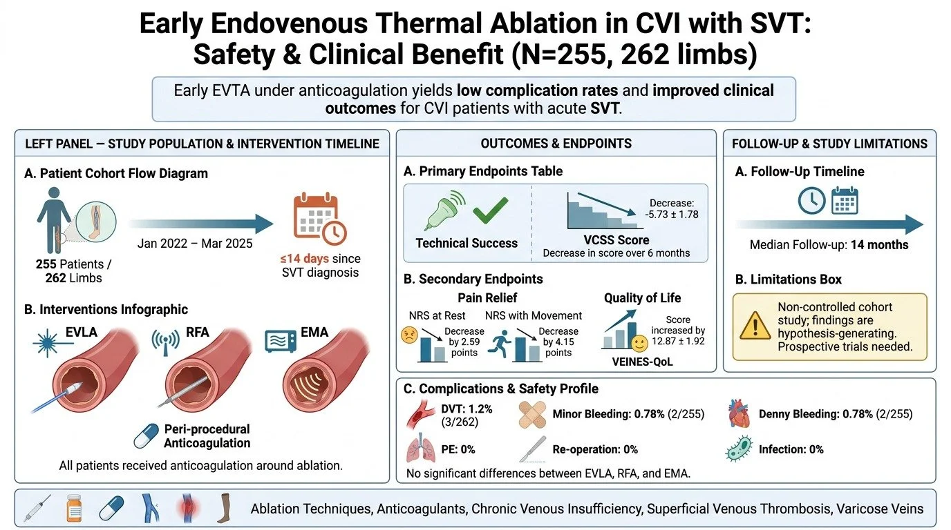 A scientific infographic about early endovenous thermal ablation in CVI with SVT, showing study timeline, intervention methods, outcomes, and follow-up details.