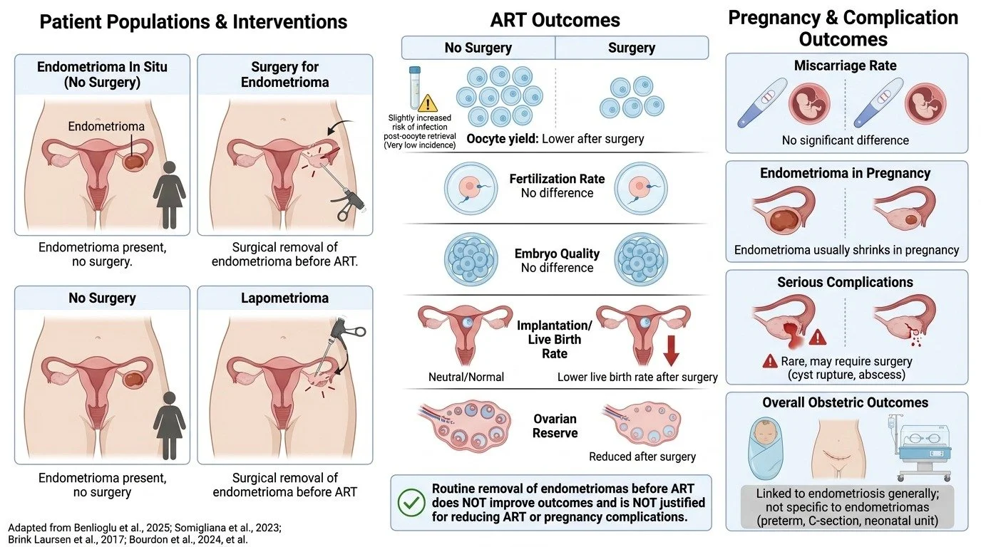 An infographic comparing patient populations and interventions, ART outcomes, pregnancy and complication outcomes, and overall obstetric outcomes related to endometriosis. Includes illustrations of the female reproductive system, surgery, and pregnan