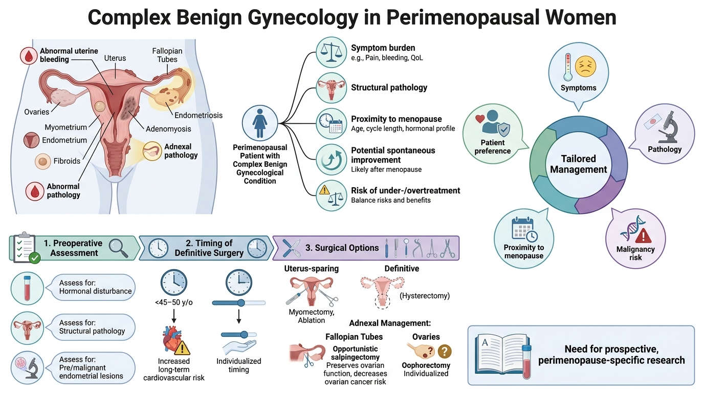 Infographic titled "Complex Benign Gynecology in Perimenopausal Women" illustrating uterine and ovarian conditions, assessment, surgical options, and management strategies specific to perimenopausal women.
