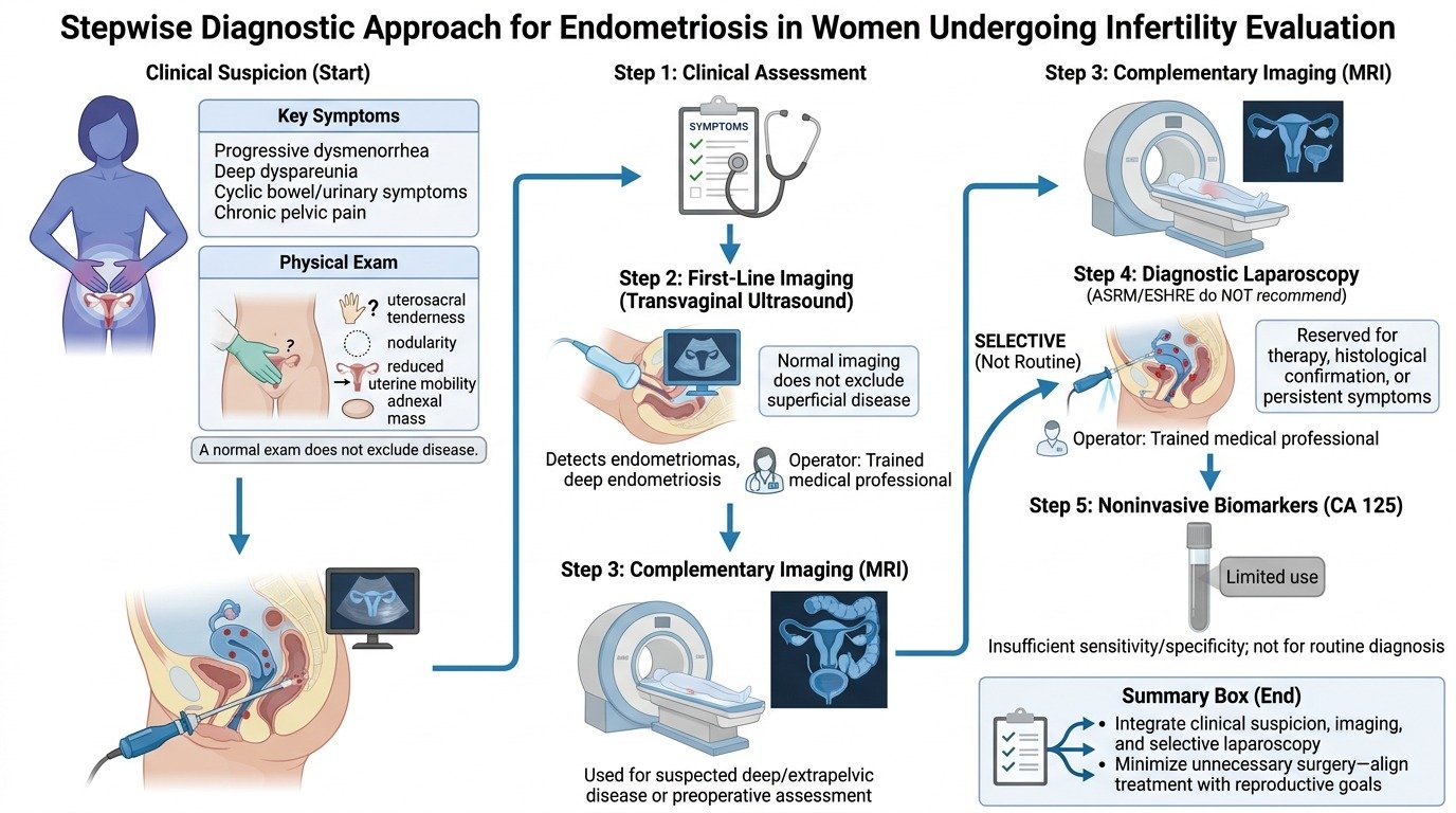 Flowchart outlining the diagnostic approach for endometriosis in women with infertility, including steps from initial clinical suspicion, assessment, imaging, laparoscopic evaluation, biomarker testing, to final summary and management recommendations