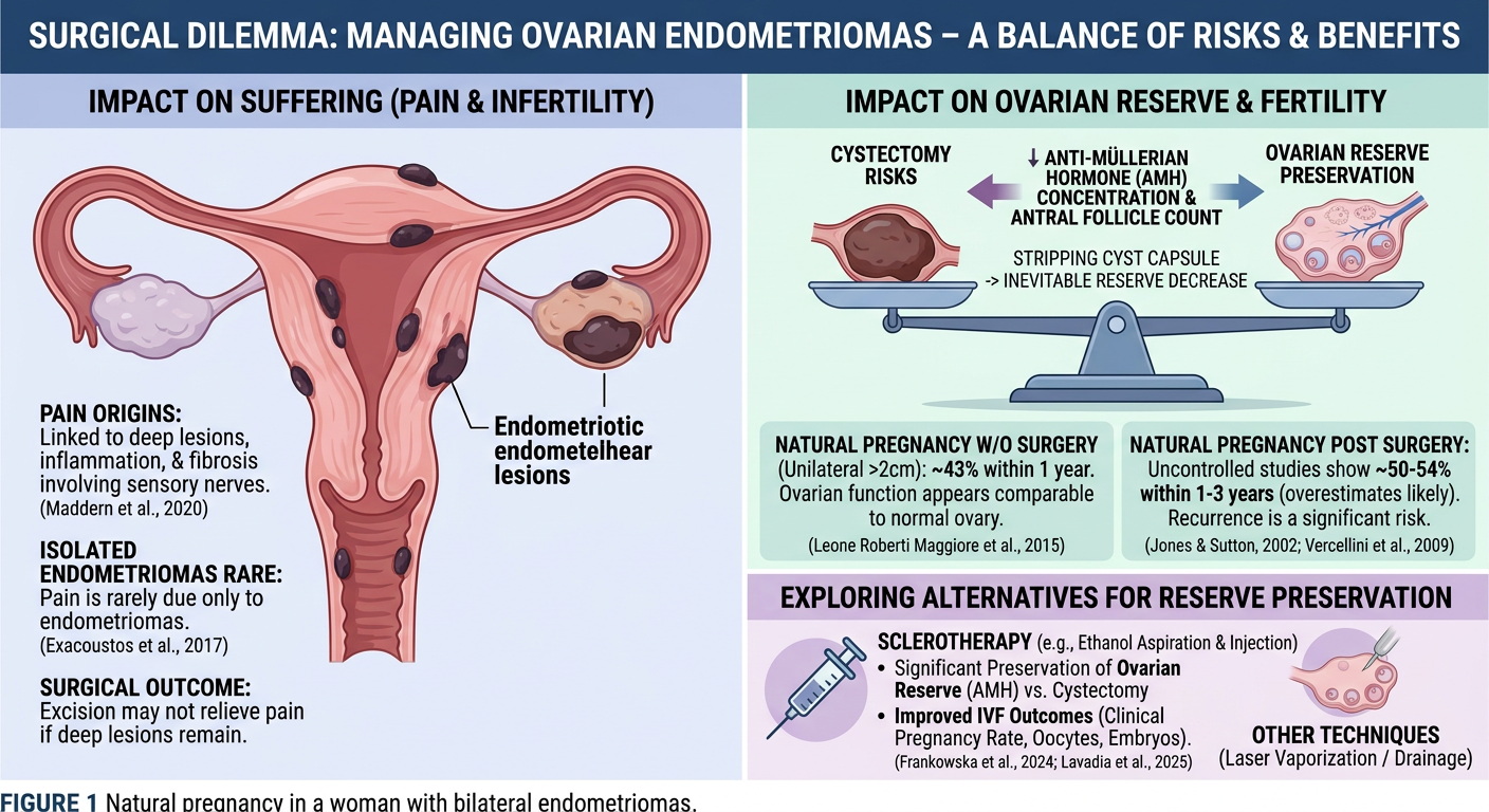 An infographic explaining the surgical dilemma of managing ovarian endometriomas, highlighting risks and benefits. The left side shows the impact on suffering, with illustrations of endometriotic lesions causing pain and infertility, rare isolated en