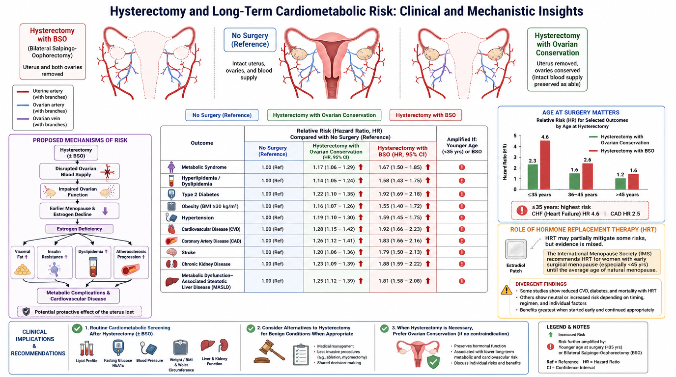 A detailed infographic comparing hysterectomy with blood supply removal, hysterectomy with ovarian preservation, and no surgery, showing risks, clinical implications, and guidelines for long-term cardiometabolic health.