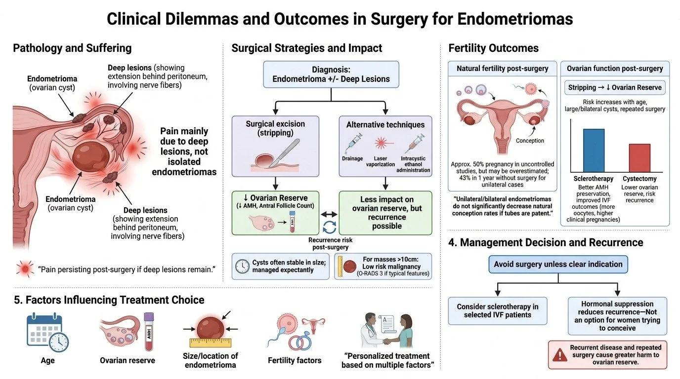 A detailed infographic titled 'Clinical Dilemmas and Outcomes in Surgery for Endometriomas'. It includes sections on pathology and suffering, surgical strategies and impact, fertility outcomes, management decisions and recurrence, and factors influen