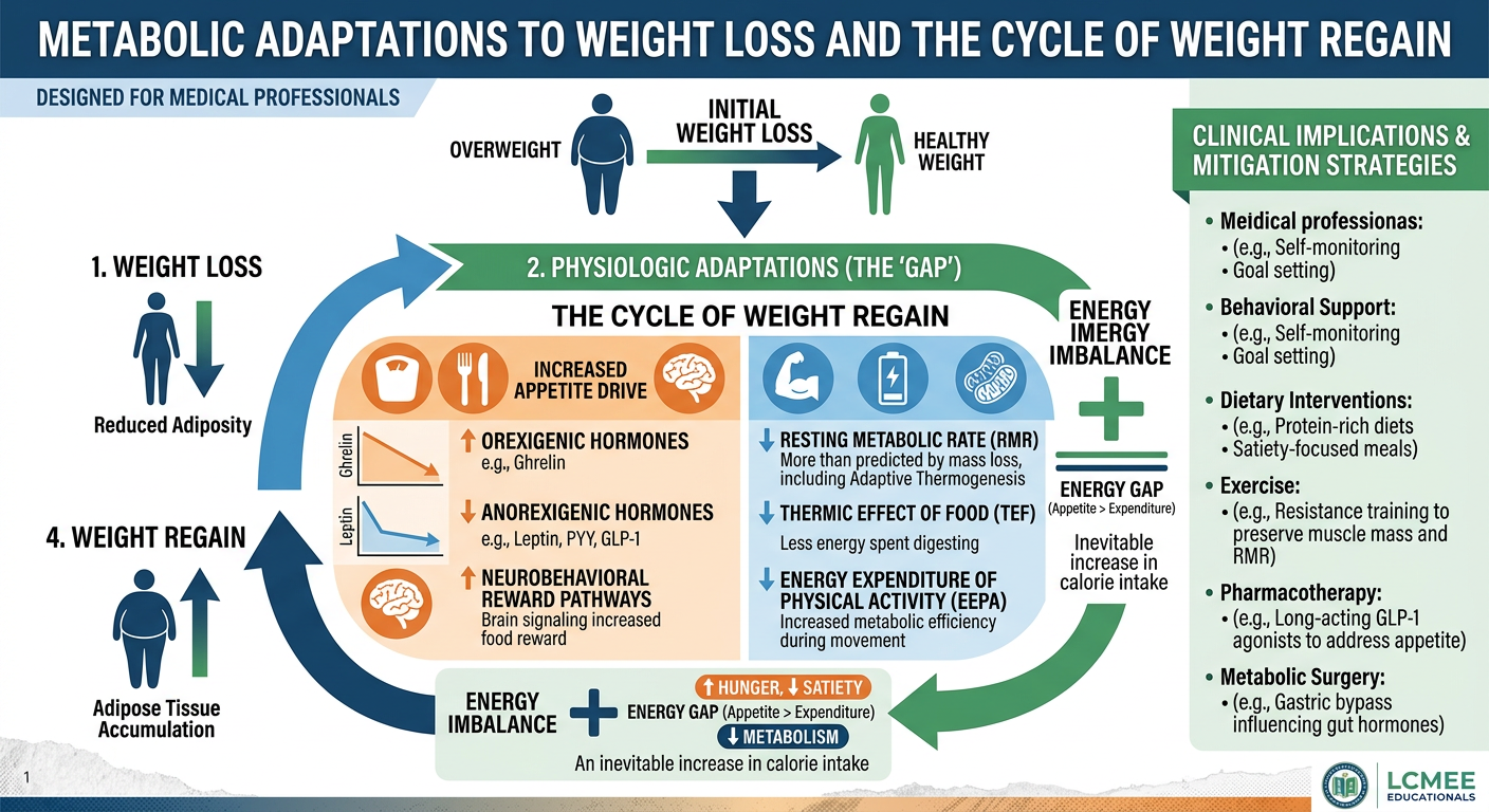 Diagram titled 'Metabolic adaptations to weight loss and the cycle of weight regain,' showing the process from overweight to healthy weight, involving initial weight loss and weight regain. It illustrates physiological changes like increased appetite