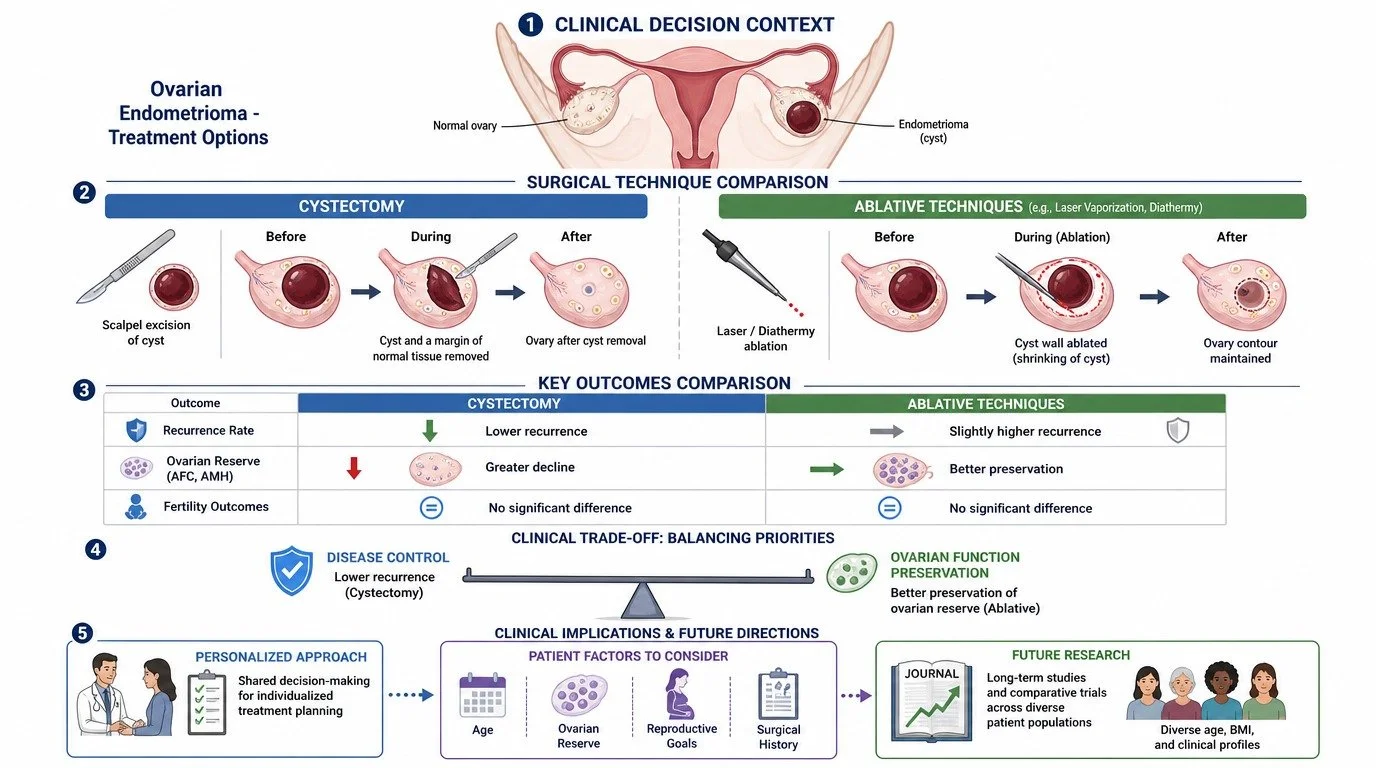 Infographic comparing ovarian endometrioma treatments: traditional cystectomy versus ablative techniques like laser or diathermy. Includes diagrams of ovarian tissue, surgical procedures, outcome metrics, and future research directions.