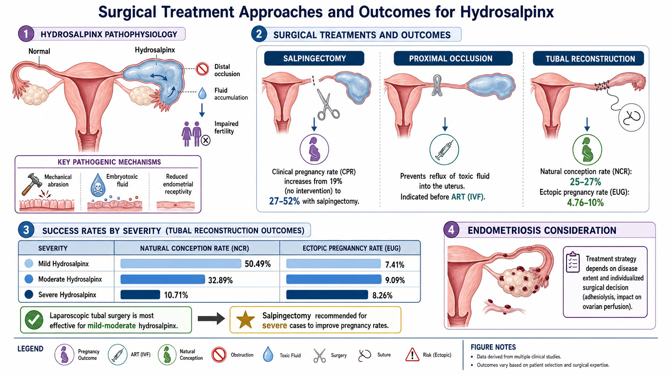 Chart showing surgical treatment approaches for hydroasalpinx. It includes sections on pathophysiology, surgical outcomes, success rates by severity, and endometriosis consideration. Illustrations of salpingectomy, proximal occlusion, and tubal recon