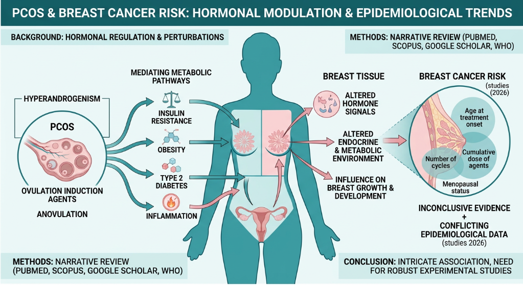 Diagram illustrating hormonal modulation and epidemiological trends in PCOS and breast cancer risk. Shows hormonal regulation background, mediating metabolic pathways like insulin resistance, obesity, type 2 diabetes, and inflammation, affecting brea