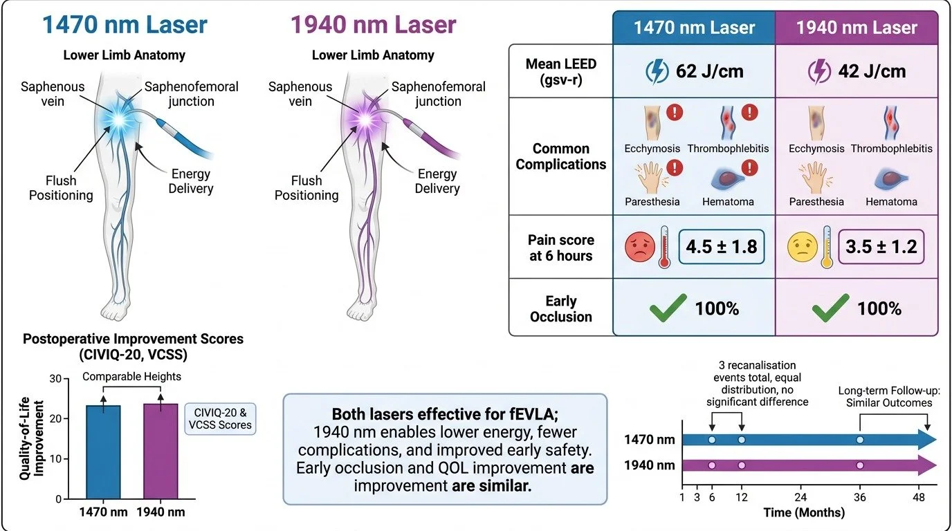 Diagram comparing lower limb anatomy and effects of 1470 nm and 1940 nm lasers. Includes illustrations of veins, complications, pain scores, and postoperative improvement scores.