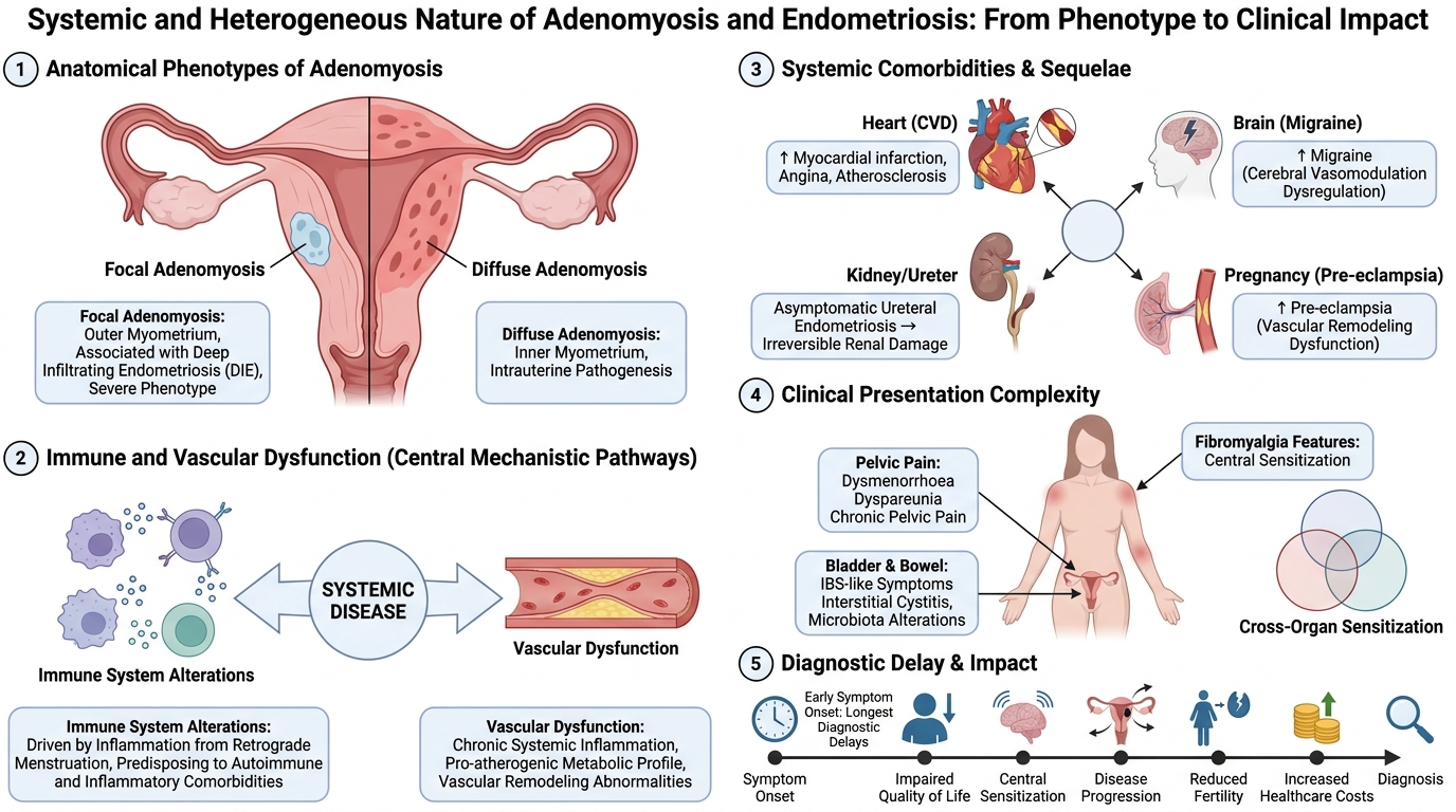 Diagram illustrating the systemic and heterogeneous nature of adenomyosis and endometriosis, including anatomical phenotypes like focal and diffuse adenomyosis, the systemic comorbidities such as cardiovascular disease, migraine, kidney issues, pregn