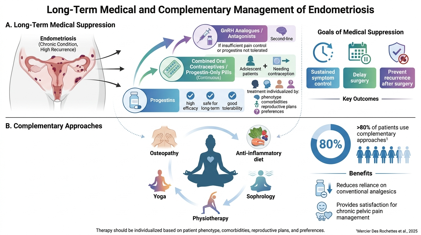 Infographic on long-term medical and complementary management of endometriosis, including medical suppression with medications like progestins and GnRH analogues, goal to prevent recurrence, and complementary approaches such as osteopathy, yoga, phys