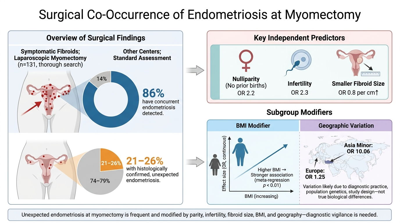 An infographic about the surgical co-occurrence of endometriosis at myomectomy, showing overview of findings, key independent predictors, subgroup modifiers, and a world map with geographic variation.