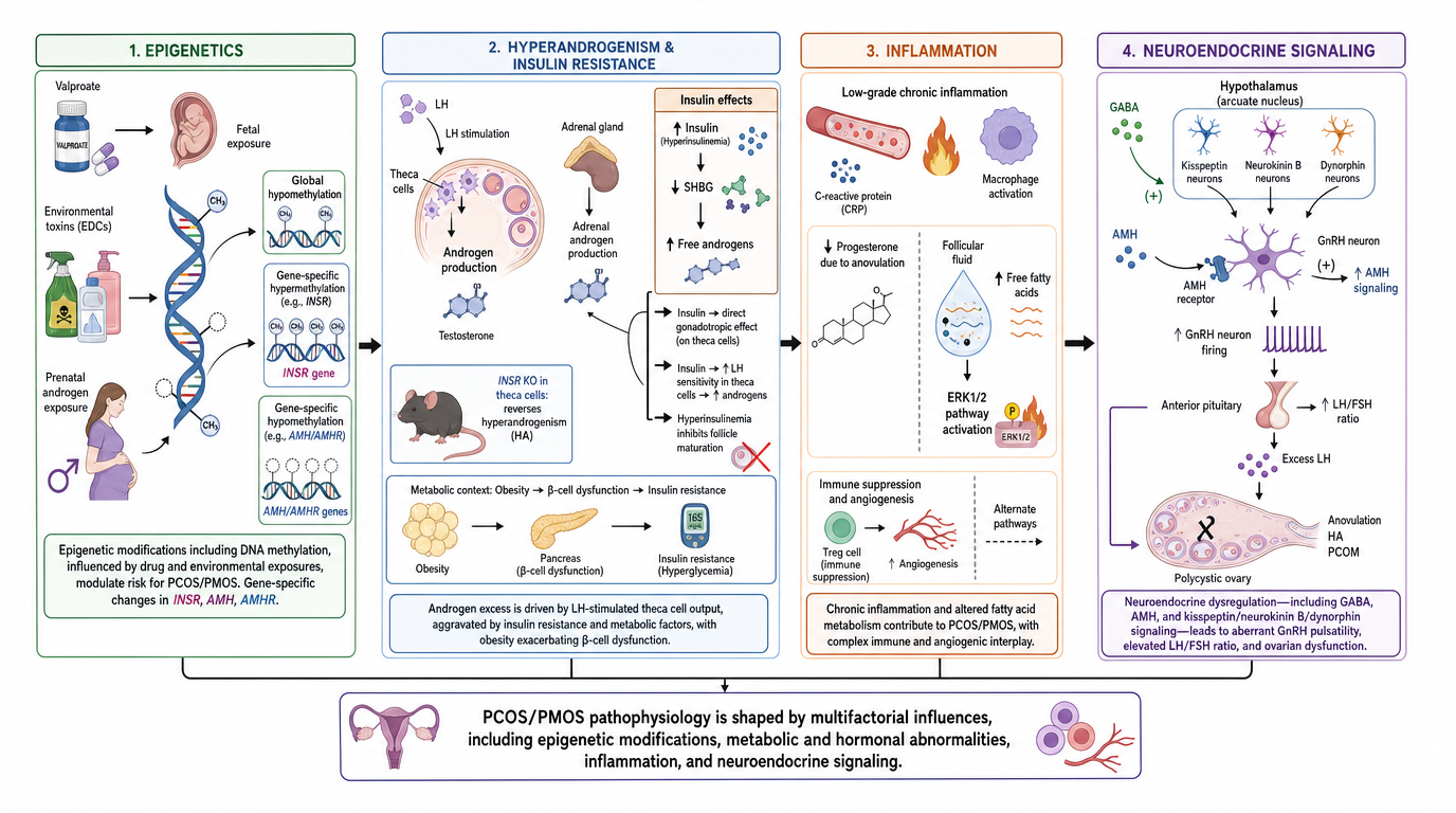 Diagram illustrating the pathophysiology of PCOS/PMOS, including epigenetics, hyperandrogenism and insulin resistance, inflammation, and neuroendocrine signaling.