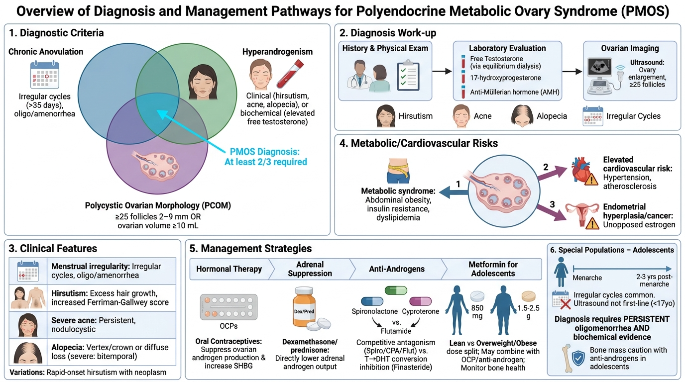 Overview infographic of diagnosis and management pathways for Polycystic Ovarian Syndrome (PCOS). Sections cover diagnostic criteria, work-up, clinical features, risks, management strategies, and special populations. Visuals include diagrams, icons, 