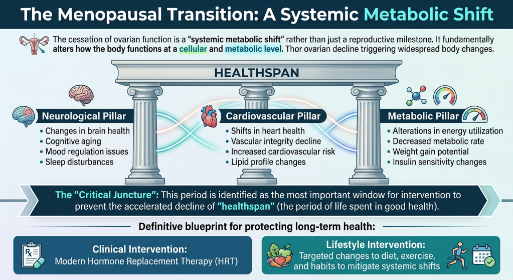 An infographic titled 'The Menopausal Transition: A Systemic Metabolic Shift' explaining the effects of ovarian function cessation on body systems. It features three pillars: Neurological, Cardiovascular, and Metabolic, detailing health changes durin